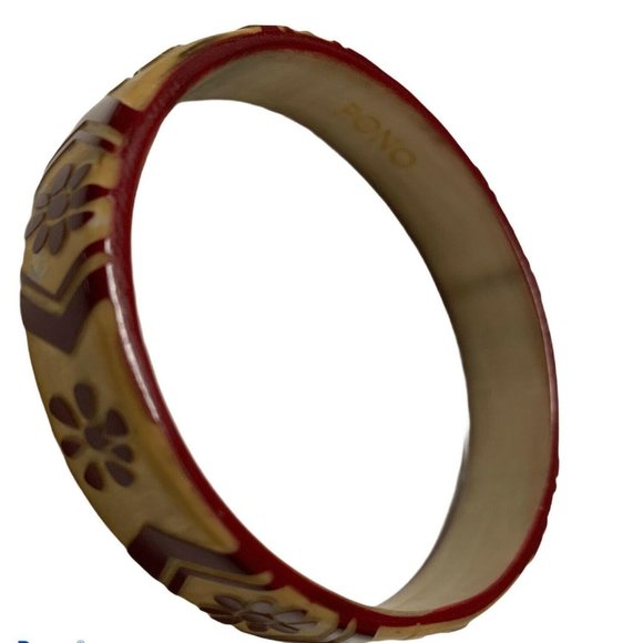 Pono Carved Bangle Bracelet Red Floral Diamond 1.5 - Picture 2 of 5